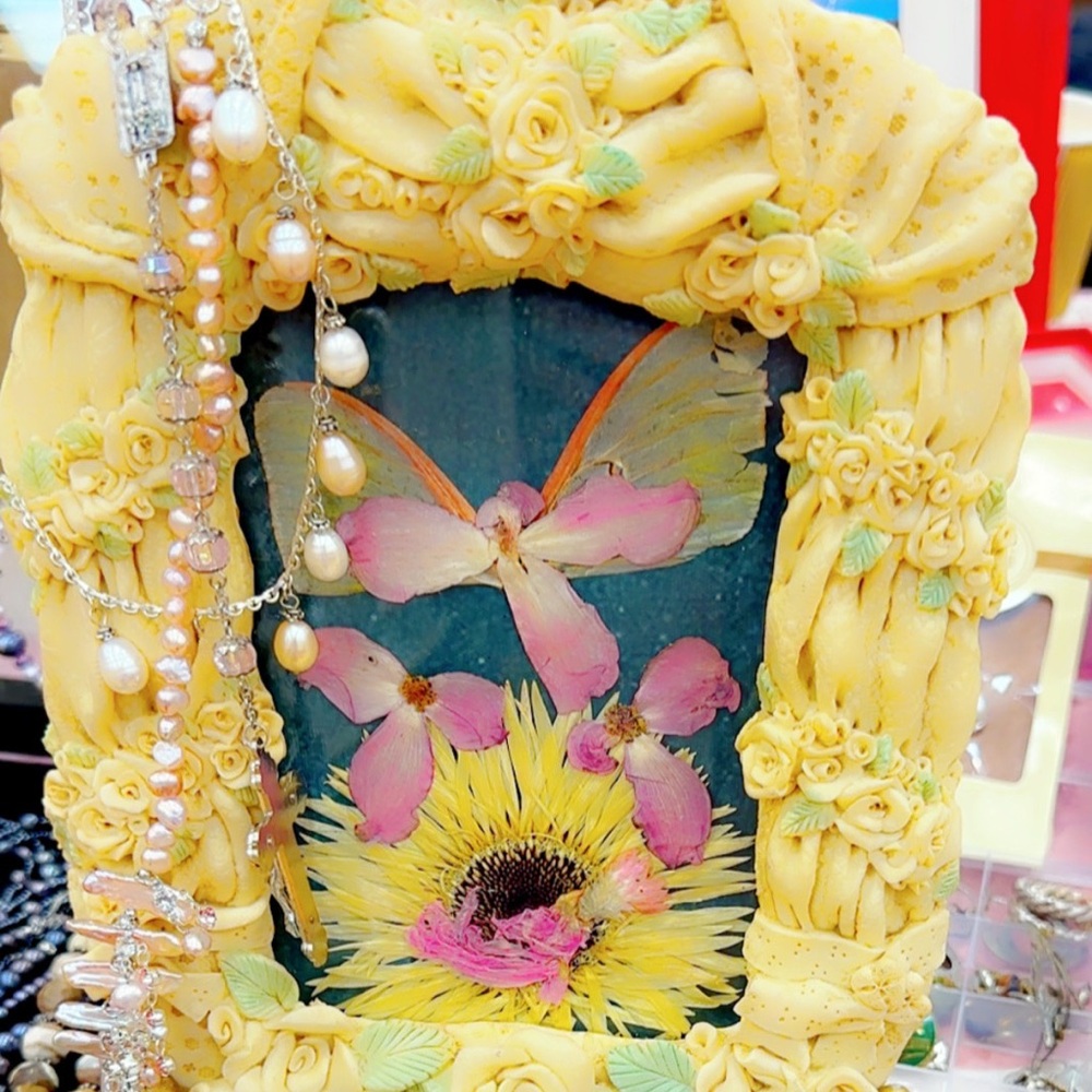 Luna (genuine) moth wings with real pressed Flowers in Floral Frame